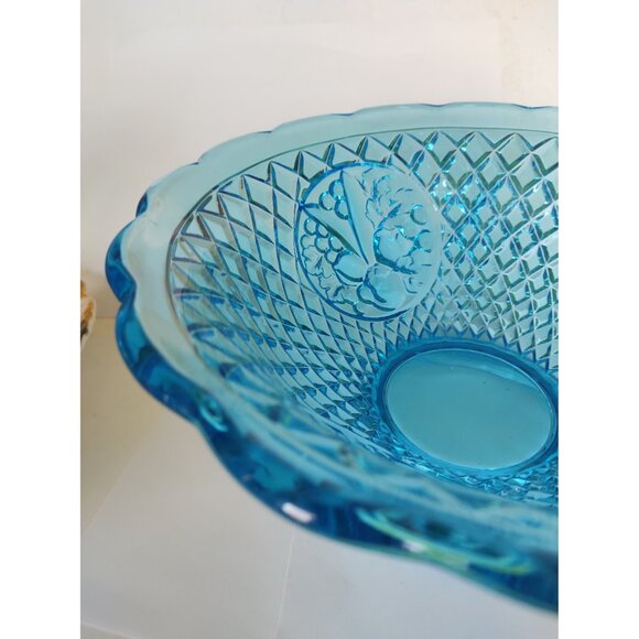 Vintage Aqua Blue Waffle Della Robbia Fruit Panel Glass Punch or Serving Bowl - Picture 11 of 16